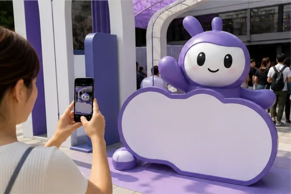 khách chụp ảnh tại cụm check in sự kiện với mascot composite và logo thương hiệu để minh họa kiểm thiết kế theo khung...