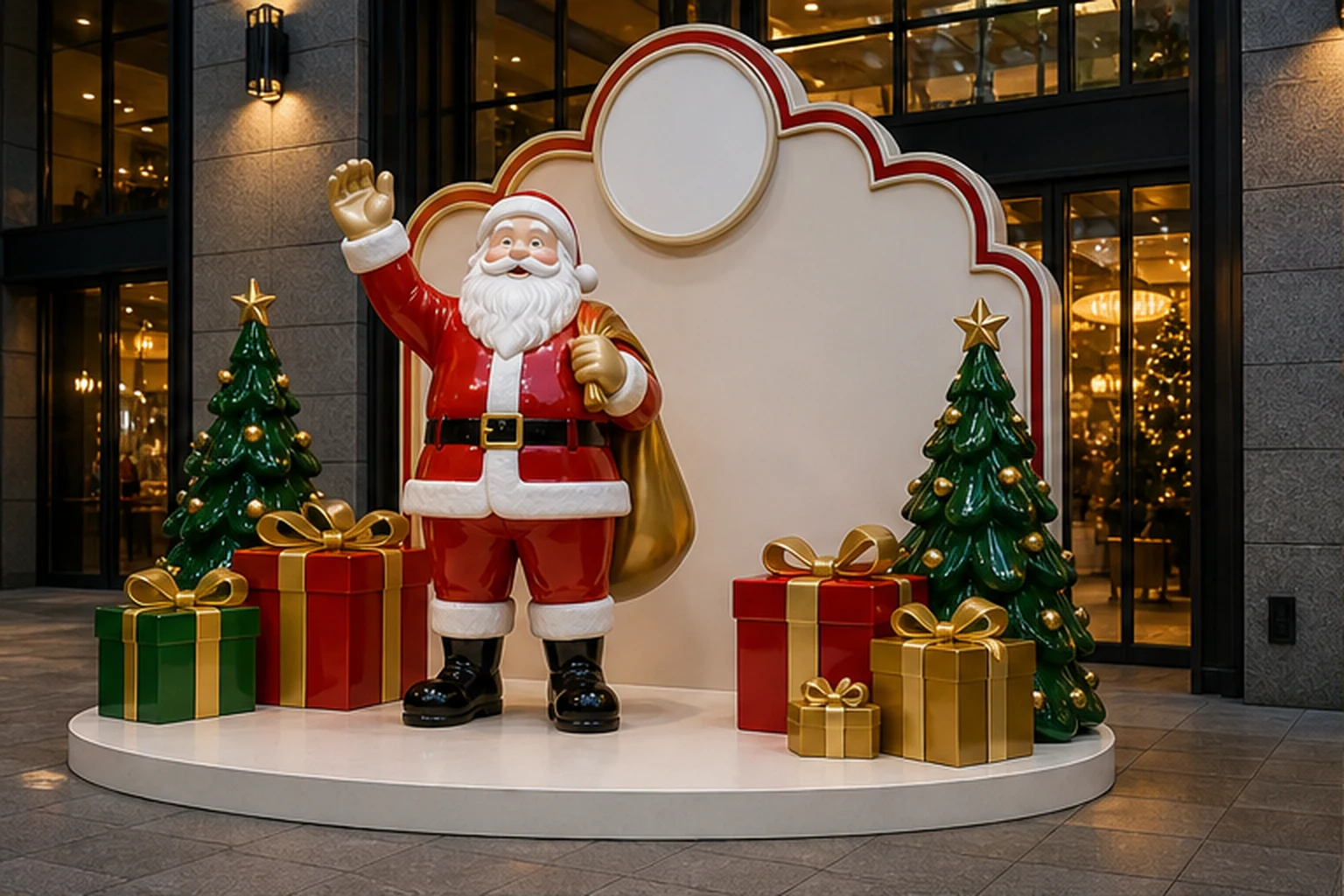 Cụm tượng ông già Noel composite đặt trên bệ thấp trước cửa hàng thời trang, hai bên có cây thông Noel, hộp quà lớn và...