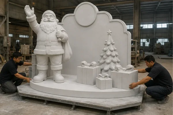 Xưởng kiểm form mô hình ông già Noel composite trước khi sơn màu với chữ nổi hộp quà và chân đế đang được căn chỉnh