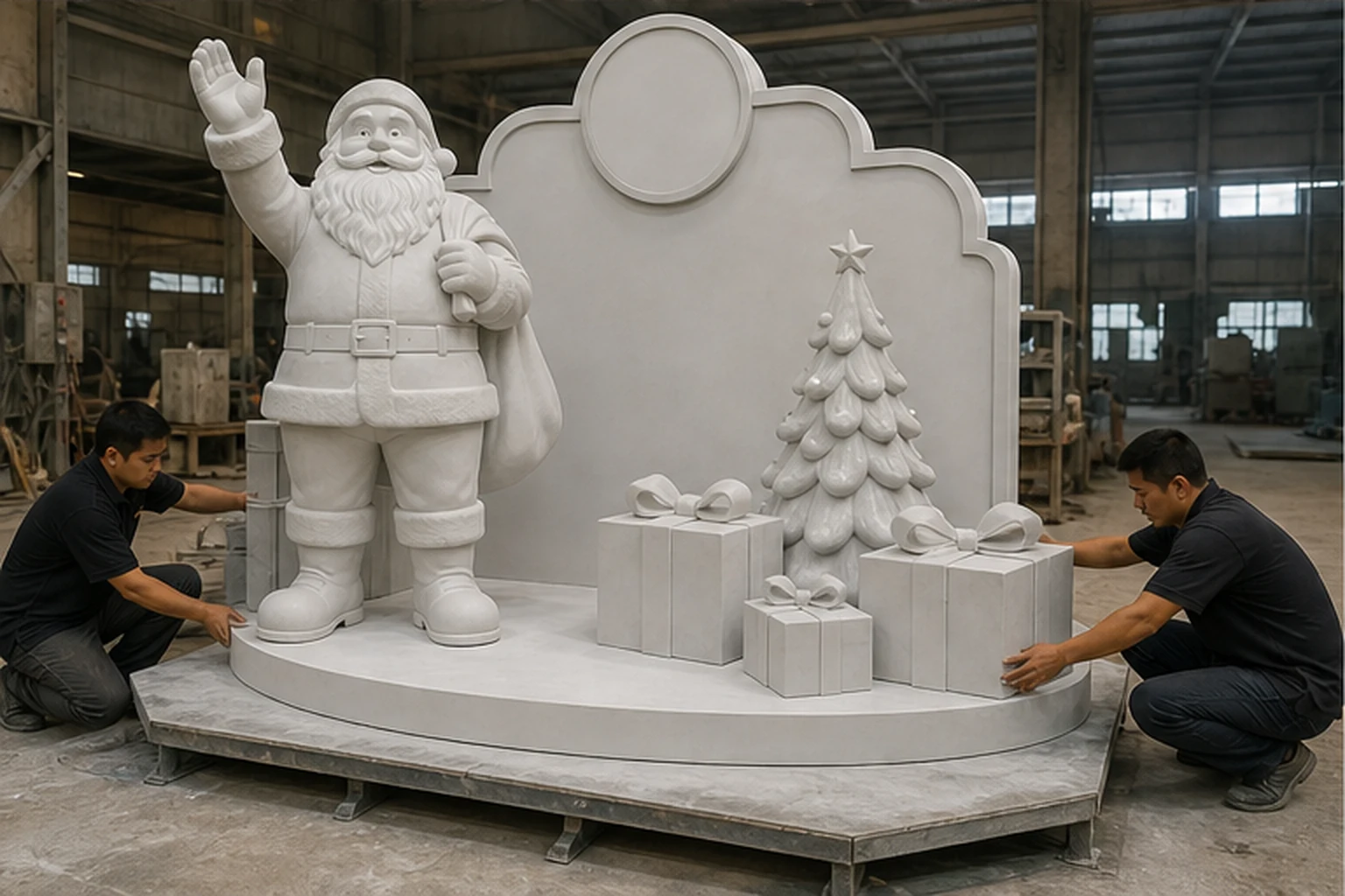 Hai thợ trong xưởng đang căn chỉnh mô hình ông già Noel composite màu trắng trên bệ trưng bày, bên cạnh cây Noel, hộp quà...