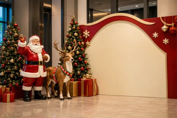 mô hình ông già Noel và tuần lộc composite đứng lệch bên phông sự kiện để giữ vùng logo và khoảng chụp rộng