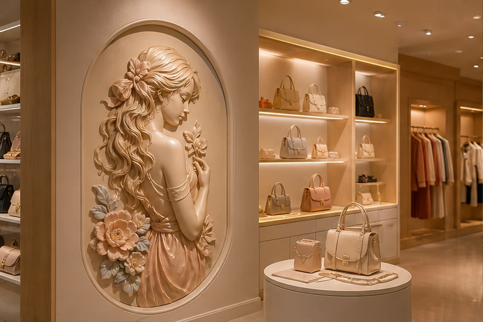 Phù điêu composite hình cô gái đơn trong showroom thời trang, bề mặt tinh gọn dưới ánh sáng mềm, phía trước và xung quanh...