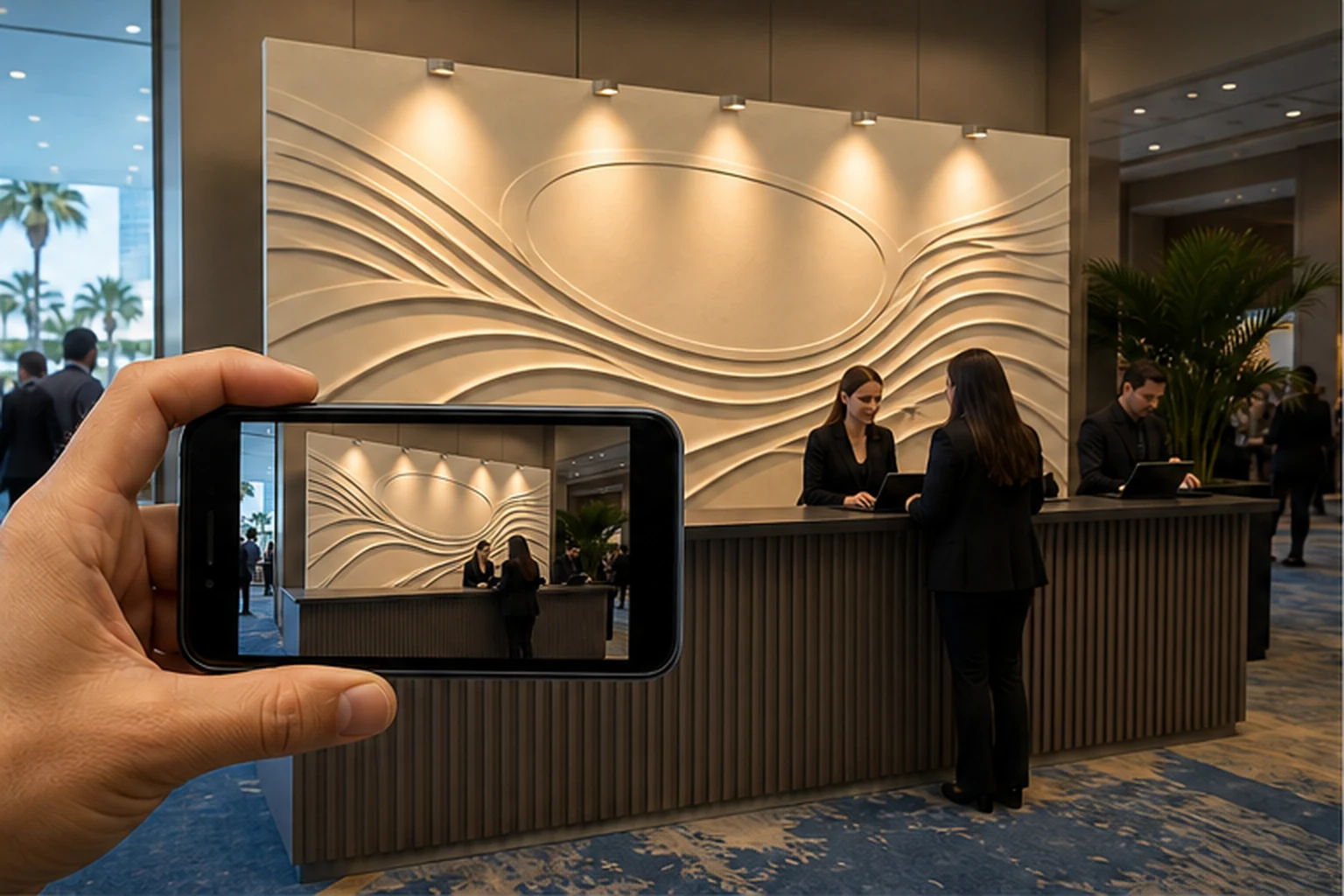 booth sự kiện có phù điêu composite làm nền check-in, logo đặt cao và chủ thể chính rõ trong khung ảnh điện thoại