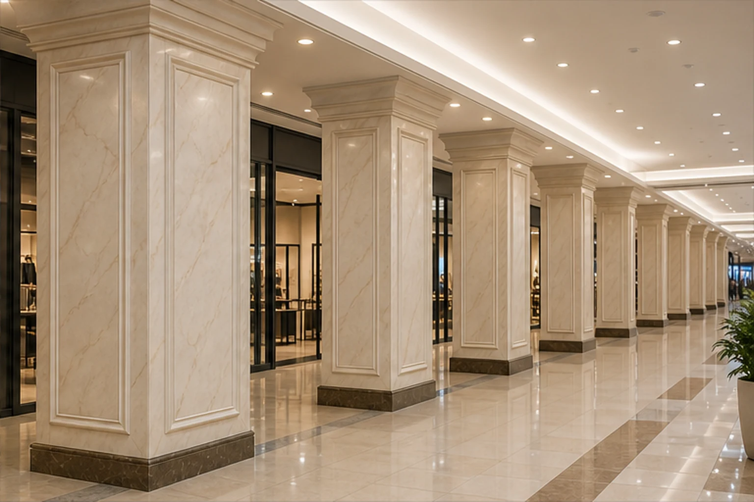Hành lang trung tâm thương mại có nhiều cột composite cùng nhịp phù điêu để minh họa thiết kế đồng bộ theo hệ trang trí