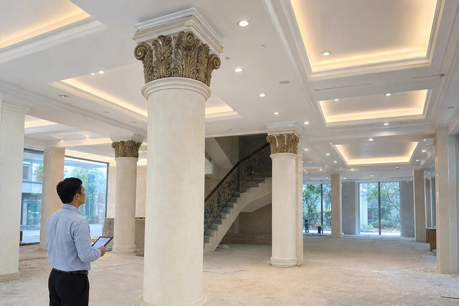 Ảnh khảo sát cột trong showroom gồm góc nhìn xa, đầu cột và ánh sáng để minh họa bước thu thập hiện trạng