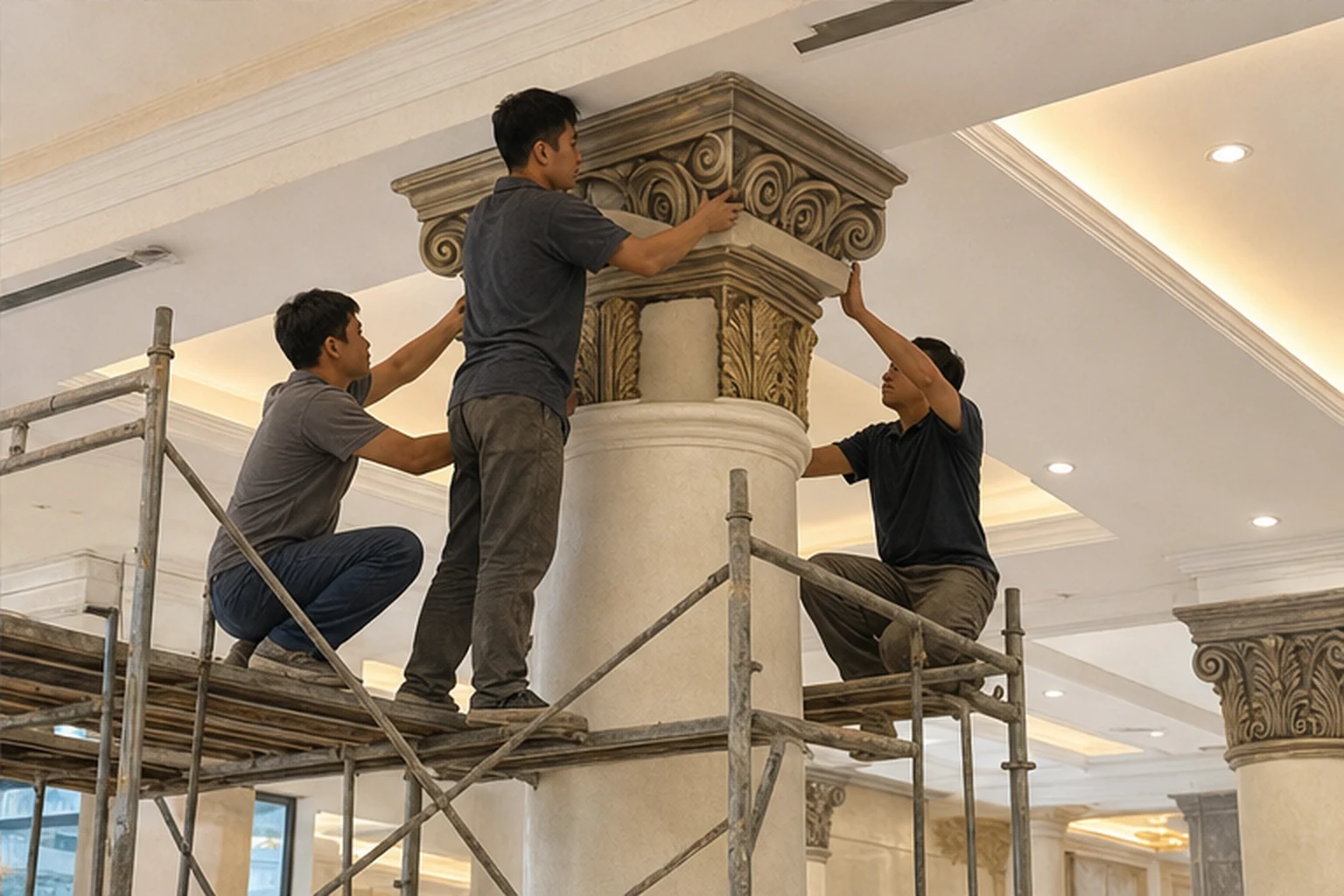 Đội thi công lắp module phù điêu đầu cột composite trên giàn giáo trong sảnh thương mại để minh họa chuẩn bị điều kiện...