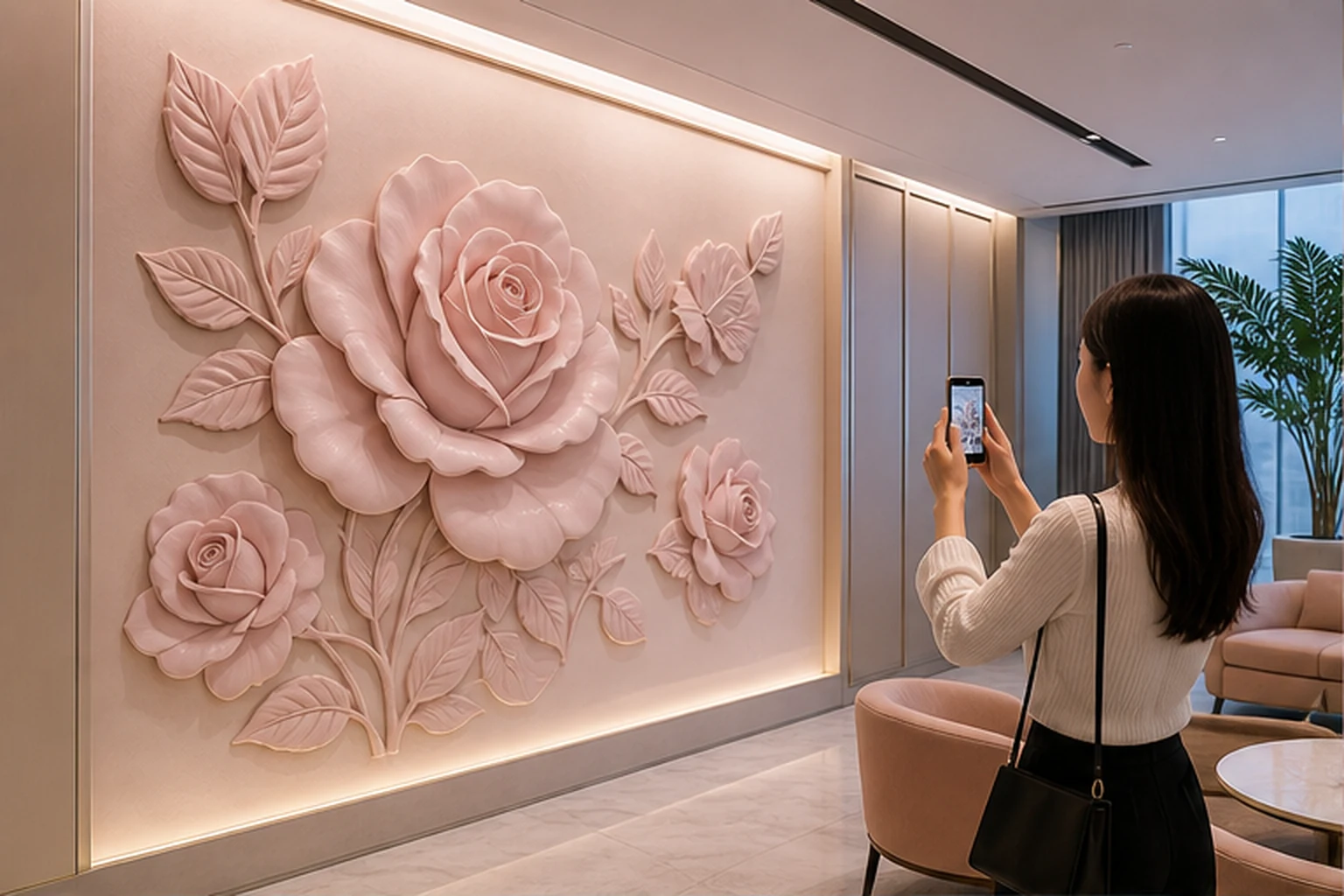 Bức phù điêu hoa hồng composite màu hồng nhạt trên tường showroom, khách đứng chụp ảnh để minh họa vai trò điểm nhấn...