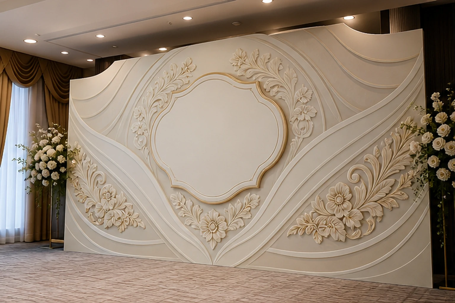backdrop sự kiện có mảng phù điêu composite trung tâm rõ logo và hoa văn, các phần nền nhẹ hỗ trợ khung ảnh check in