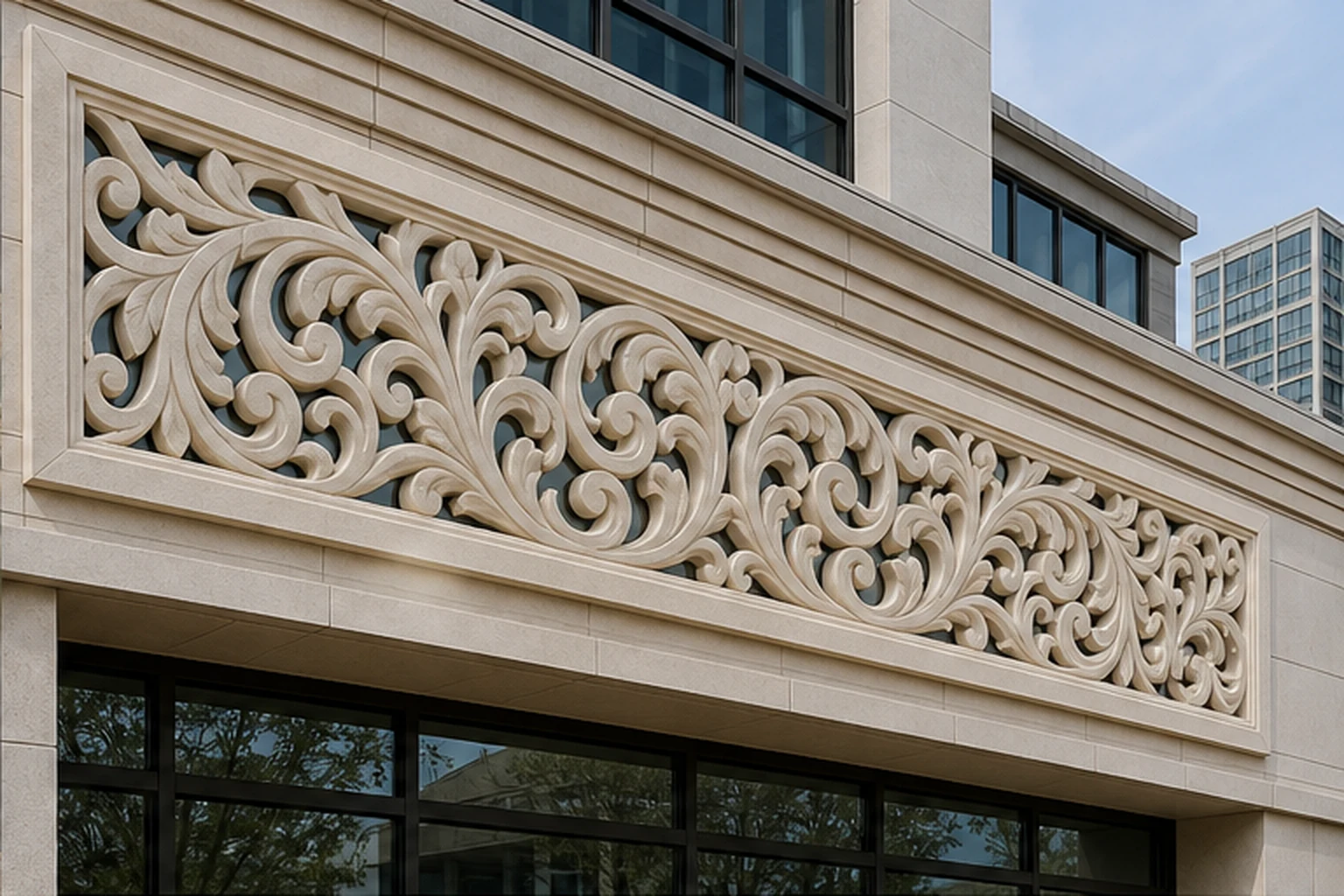 mảng phù điêu composite ngoài trời với hiệu ứng bề mặt giả đá nhẹ, hoa văn thoáng dễ vệ sinh và phù hợp mặt tiền thương mại