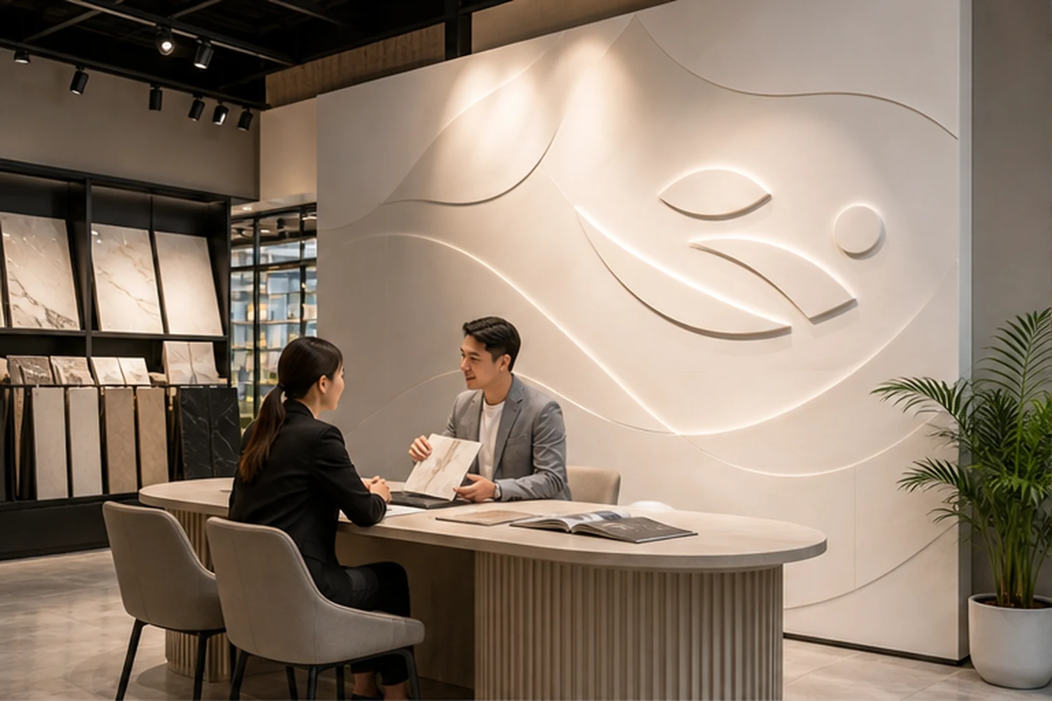 Showroom có khu tư vấn với hai người đang xem mẫu vật liệu, phía sau là mảng tường trắng bề mặt mịn với biểu tượng thương...