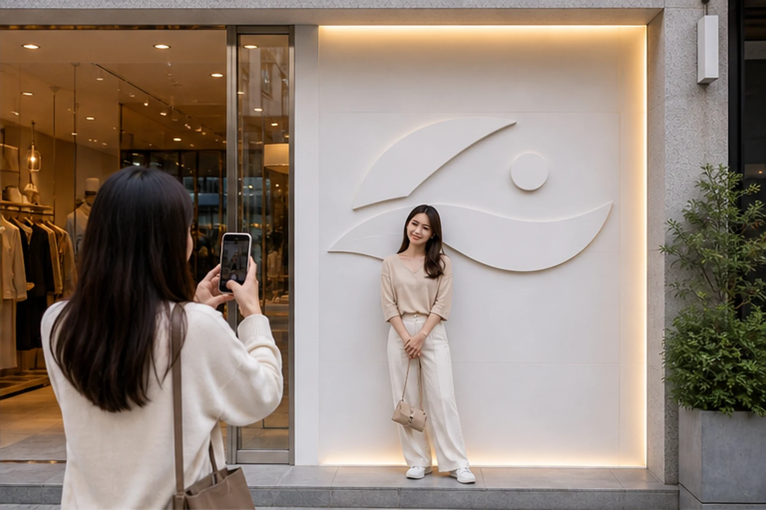 Khu check-in trước cửa hàng với nền tường sáng, phù điêu logo nổi khối lớn, một phụ nữ đứng tạo dáng và một người khác...