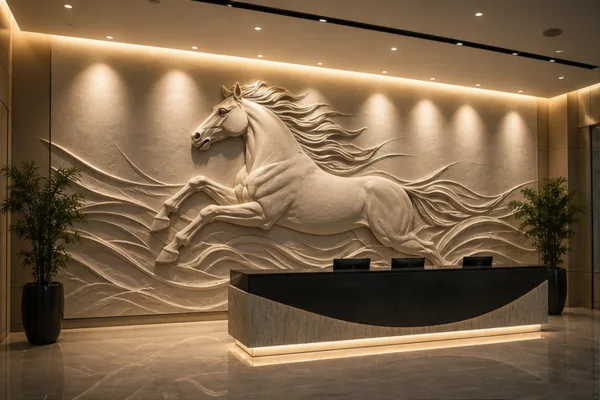 mảng phù điêu ngựa composite lớn tại sảnh showroom với ánh sáng nhấn và logo thương hiệu phía sau để minh họa ứng dụng...
