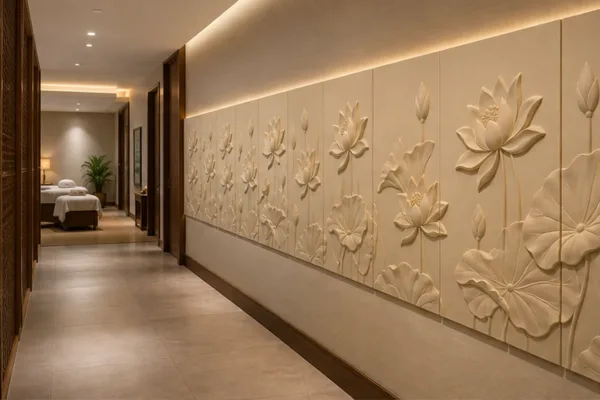mảng tranh sen composite chạy dọc hành lang spa với độ nổi tiết chế, minh họa cách dùng nhịp sen mềm cho khu khách đi ngang