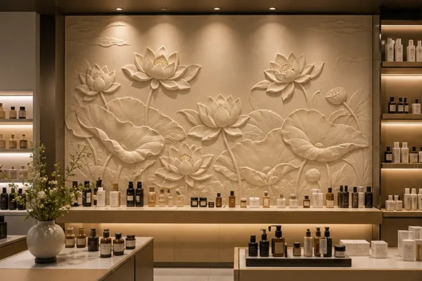 Tranh phù điêu hoa sen composite trong showroom với kệ trưng bày gọn và ánh sáng thương mại để minh họa cách trang trí...