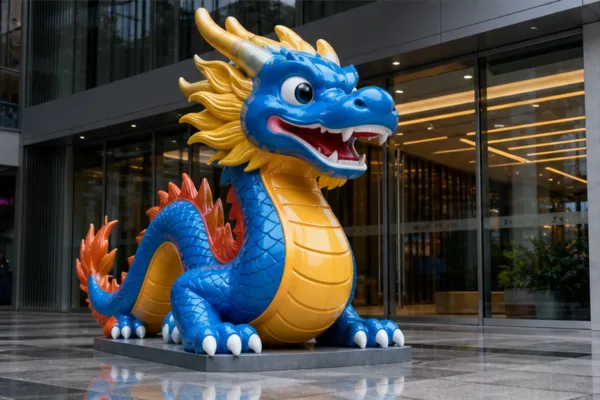 rồng mascot 3D bằng composite phóng lớn theo màu nhận diện thương hiệu đặt trước showroom để minh họa kiểu dáng hiện đại