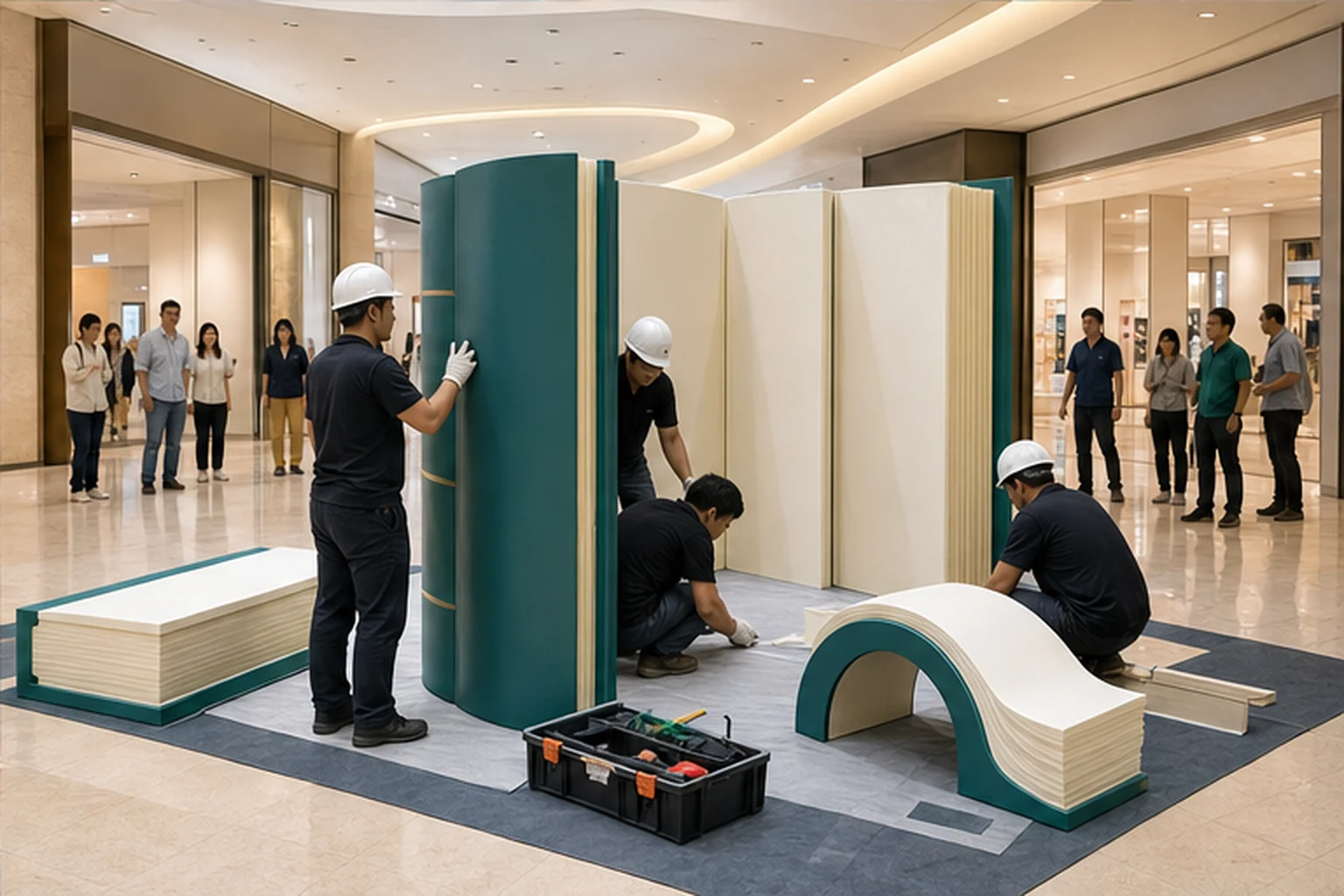 Đội thi công lắp đặt mô hình composite kích thước lớn dạng cuốn sách chia module trong showroom trung tâm thương mại,...