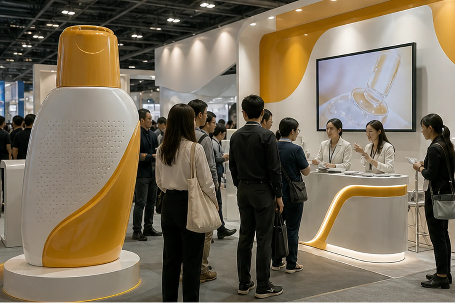 booth activation đông khách với mô hình sản phẩm composite phóng lớn đặt cạnh lối đi, không che quầy tư vấn và màn hình...