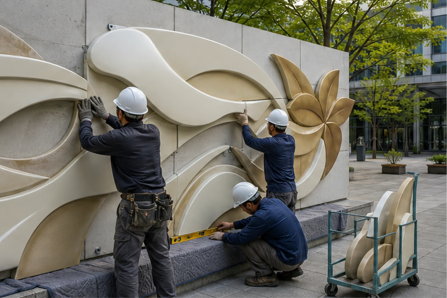 đội thi công lắp đặt artwork composite tại khu thương mại ngoài trời với module được căn chỉnh tại chỗ để minh họa quy...
