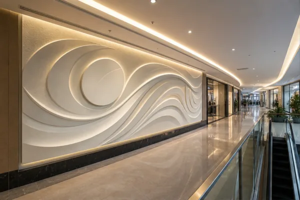 tấm phù điêu composite trong trung tâm thương mại được nhìn từ hành lang và thang cuốn, có logo nổi chắc và lối đi không...