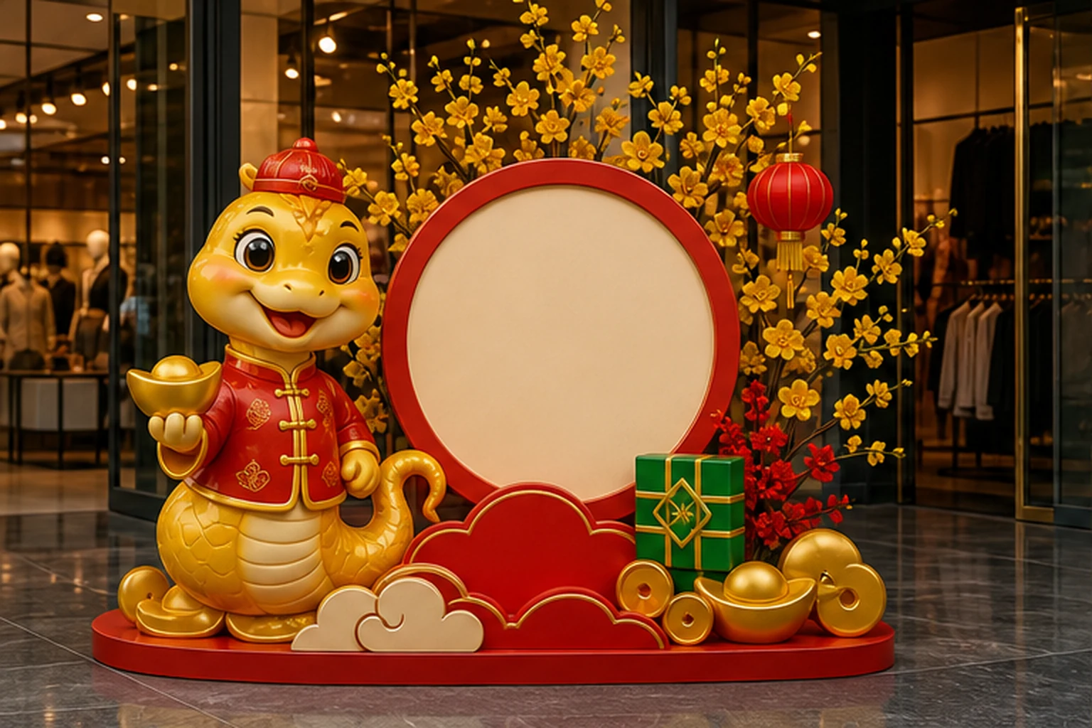 Cụm tiểu cảnh Tết tại lối vào cửa hàng với linh vật rắn vàng mặc áo đỏ, khung tròn đỏ, hoa mai, lồng đèn và các chi tiết...