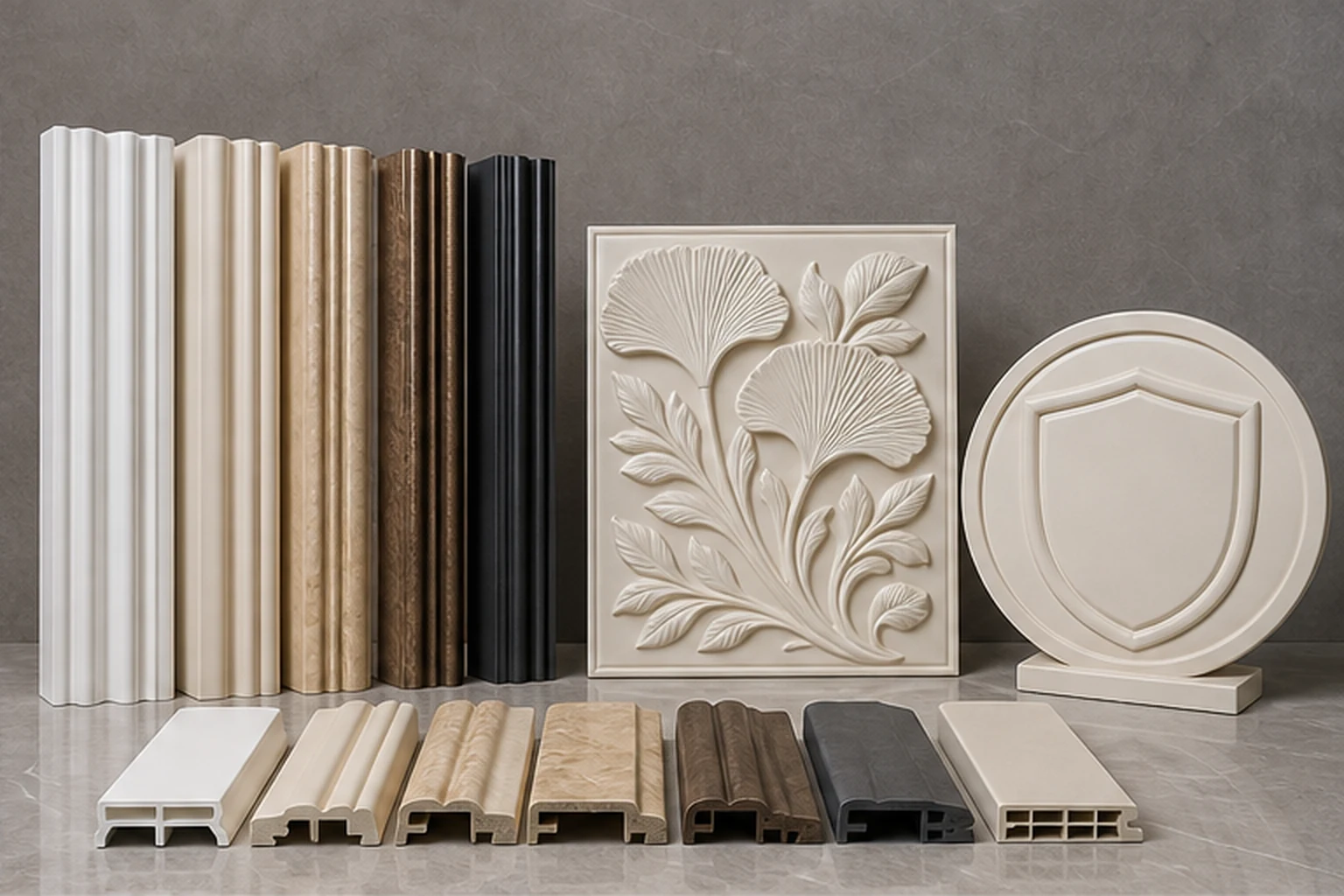bộ mẫu thanh composite, tranh composite và logo nổi đặt cạnh nhau để minh họa lựa chọn ngân sách theo mức hoàn thiện