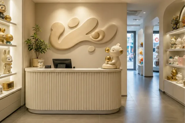 góc check-in nhỏ trong shop với mô hình sản phẩm composite, cụm chữ nổi sau quầy và lối đi thông thoáng để minh họa bố...