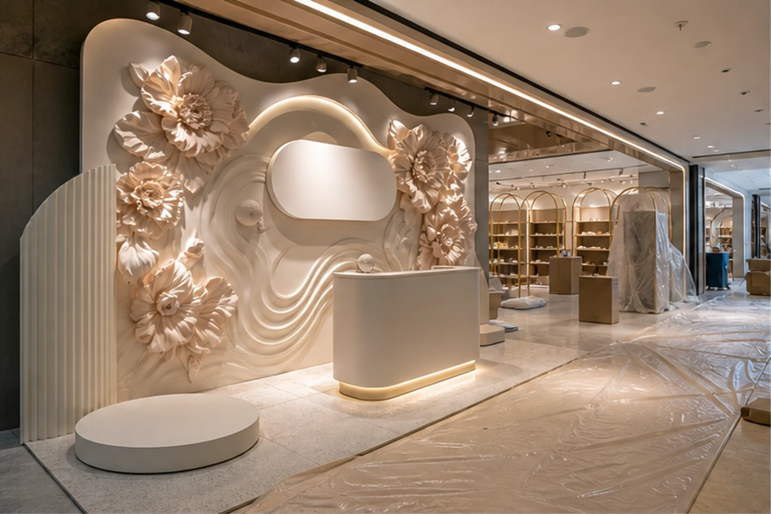 Backdrop phù điêu hoa nổi màu kem tại khu check-in trong nhà, có bảng logo trống phía trên, bục và khoảng trống phía...