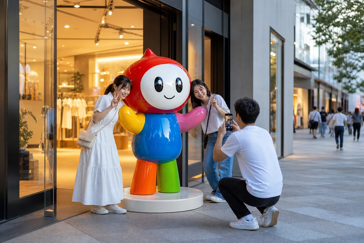 Hai khách nữ tạo dáng bên mascot composite 3D nhiều màu trước mặt tiền cửa hàng thời trang, trong khi một khách nam ngồi...