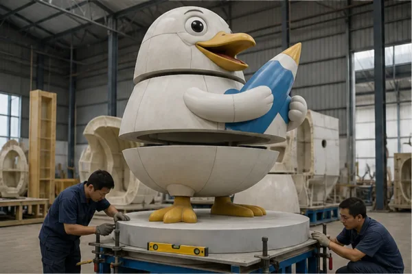 mô hình mascot kích thước lớn được chia module trong xưởng với đường ghép tránh mặt chính và chân đế đang kiểm tra độ vững