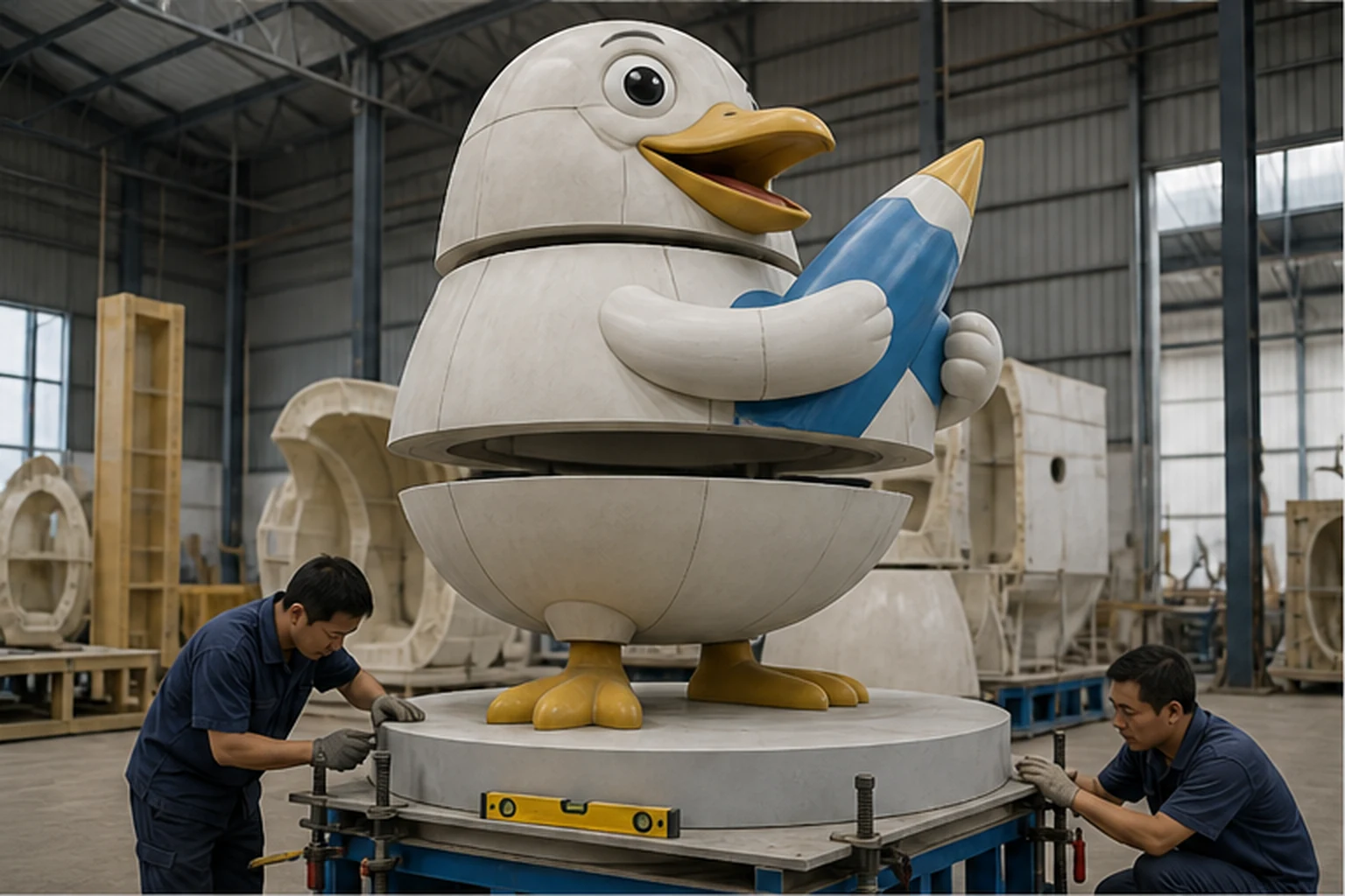 Mô hình mascot chim composite kích thước lớn chia nhiều module, đặt trên bệ tròn chắc chắn trong xưởng, hai thợ đang kiểm...