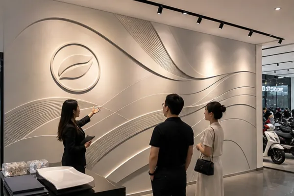 Mảng phù điêu composite trên vách showroom với logo và khu trưng bày