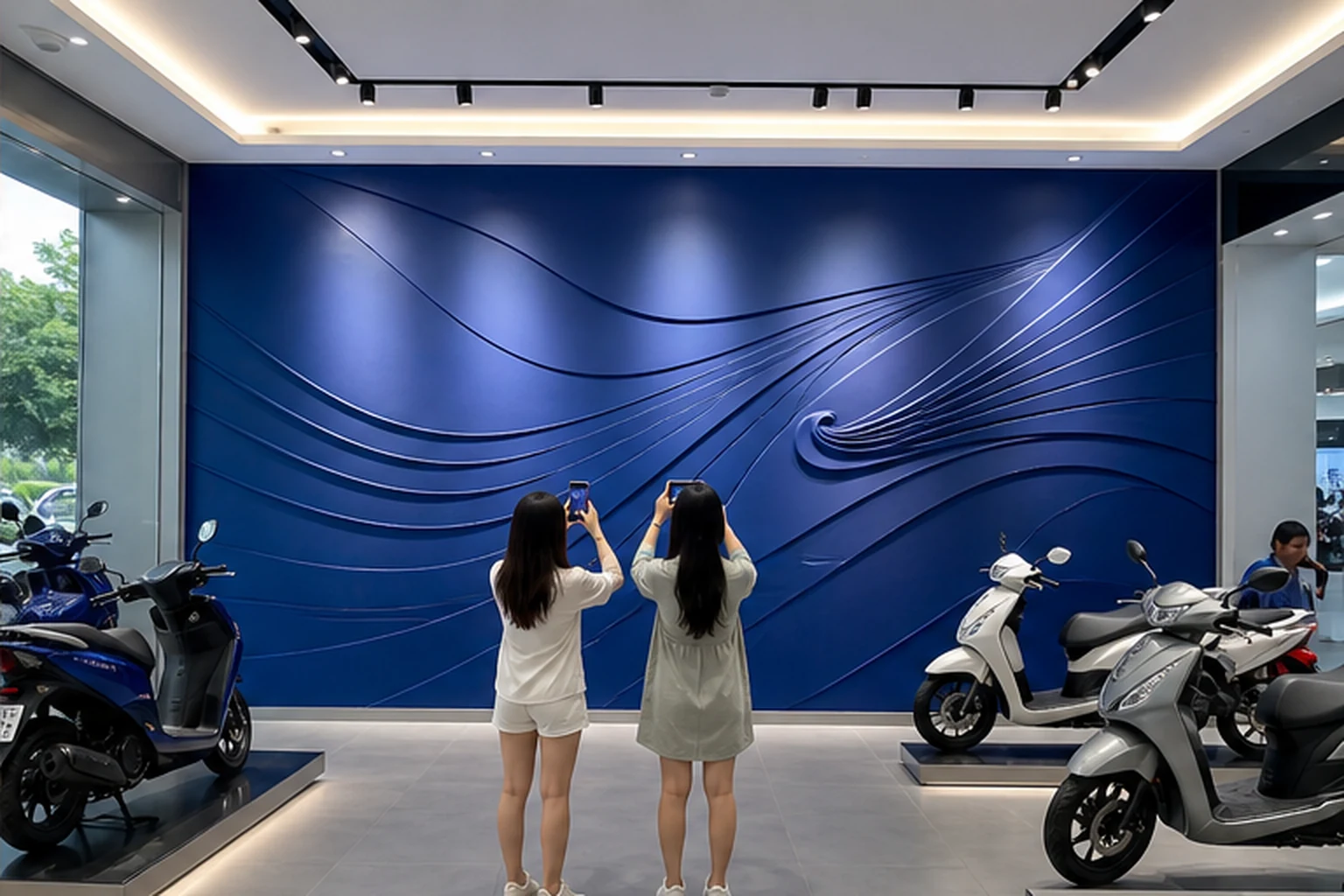 showroom đã hoàn thiện mảng phù điêu composite chính, bề mặt sơn màu thương hiệu, khách chụp ảnh và sản phẩm trưng bày...
