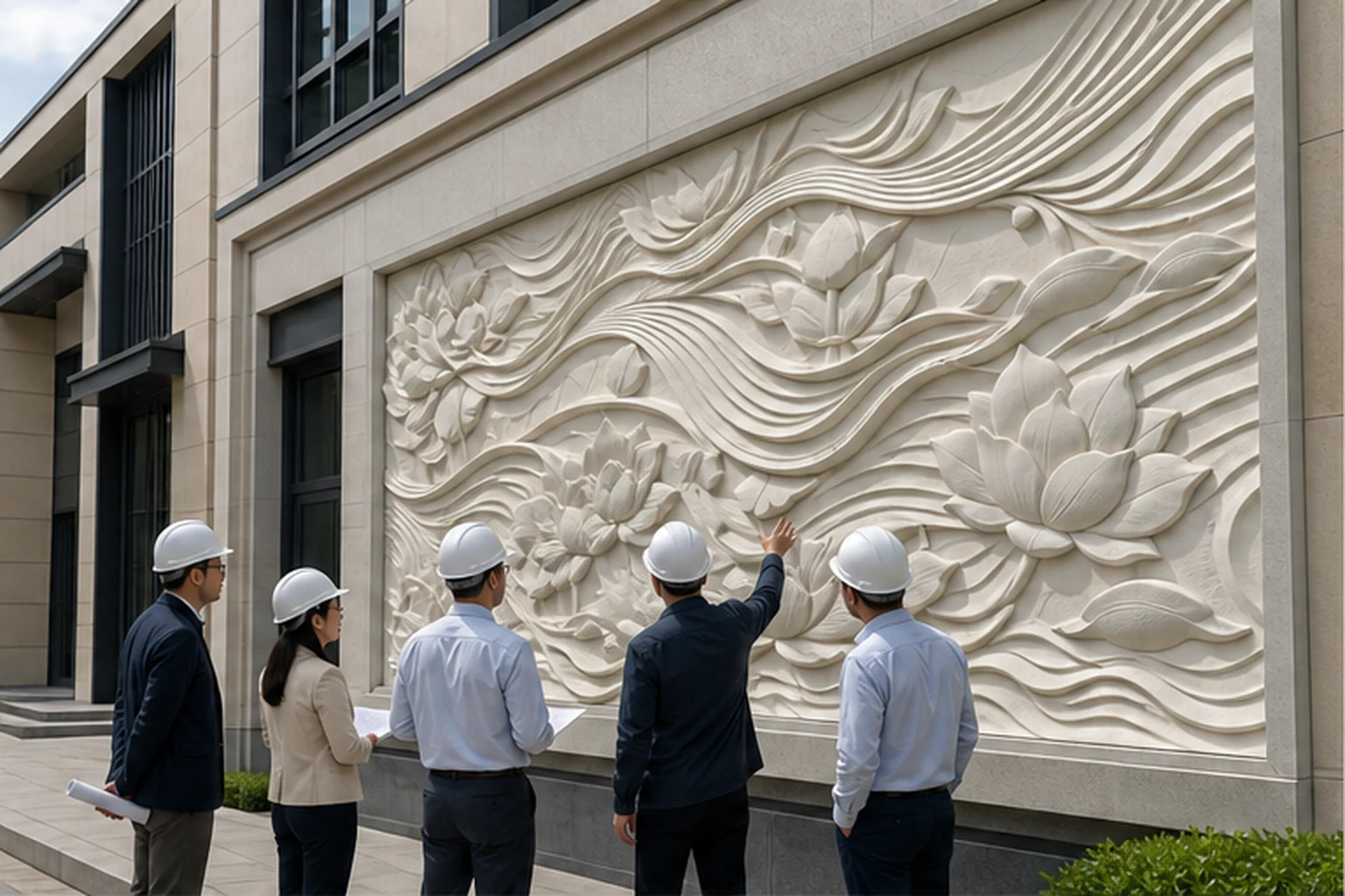 nhóm nghiệm thu đứng ở nhiều góc nhìn trước mảng phù điêu composite ngoài trời tại công trình thương mại để minh họa kiểm...