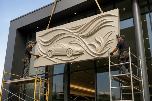 phù điêu composite kích thước lớn đang được lắp đặt tại mặt tiền showroom để minh họa dịch vụ trọn gói từ sản xuất đến...