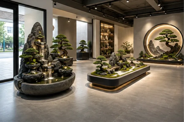 sơ đồ hành trình khách trong showroom với tiểu cảnh composite ở cửa vào, khu trưng bày giữa sàn và góc chụp ảnh để minh...