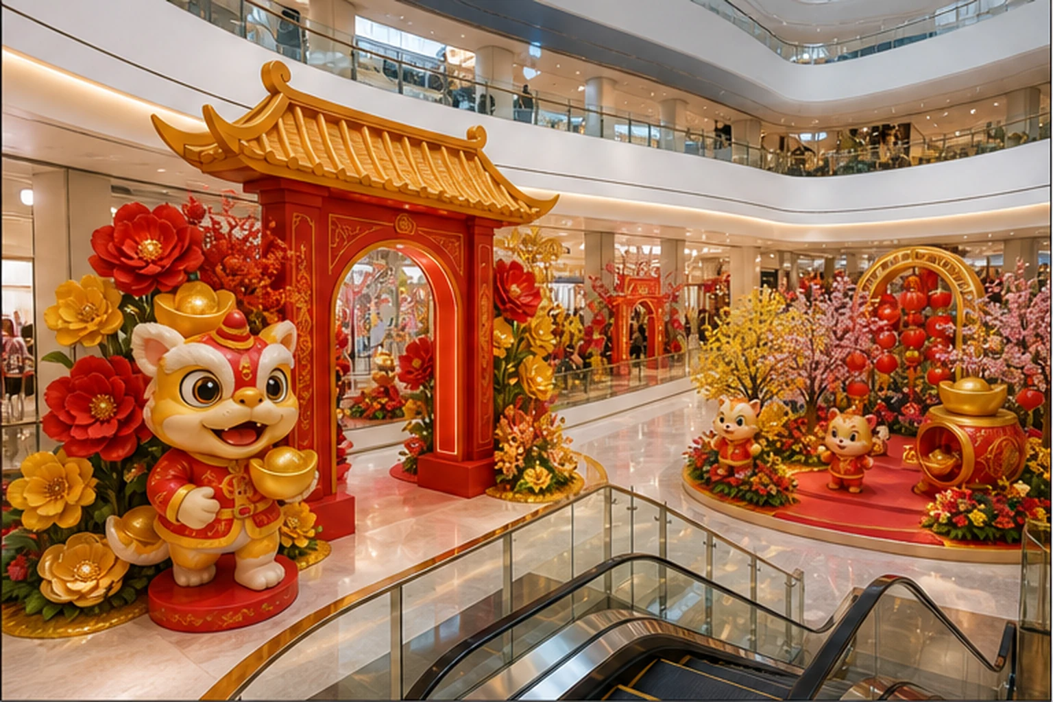 Cụm trang trí Tết trong trung tâm thương mại với cổng chào đỏ vàng, linh vật composite và nhiều giàn hoa lớn đặt trên bệ...