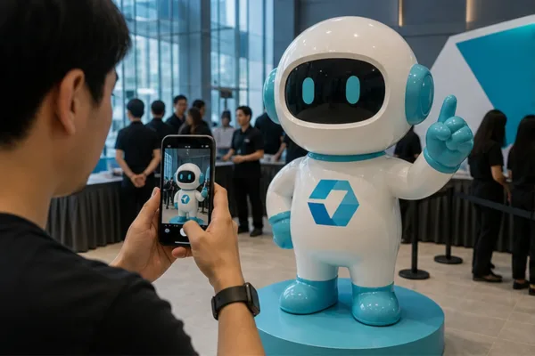 Tượng mascot composite kích thước lớn đặt tại khu check-in sự kiện với logo thương hiệu rõ trong khung ảnh điện thoại