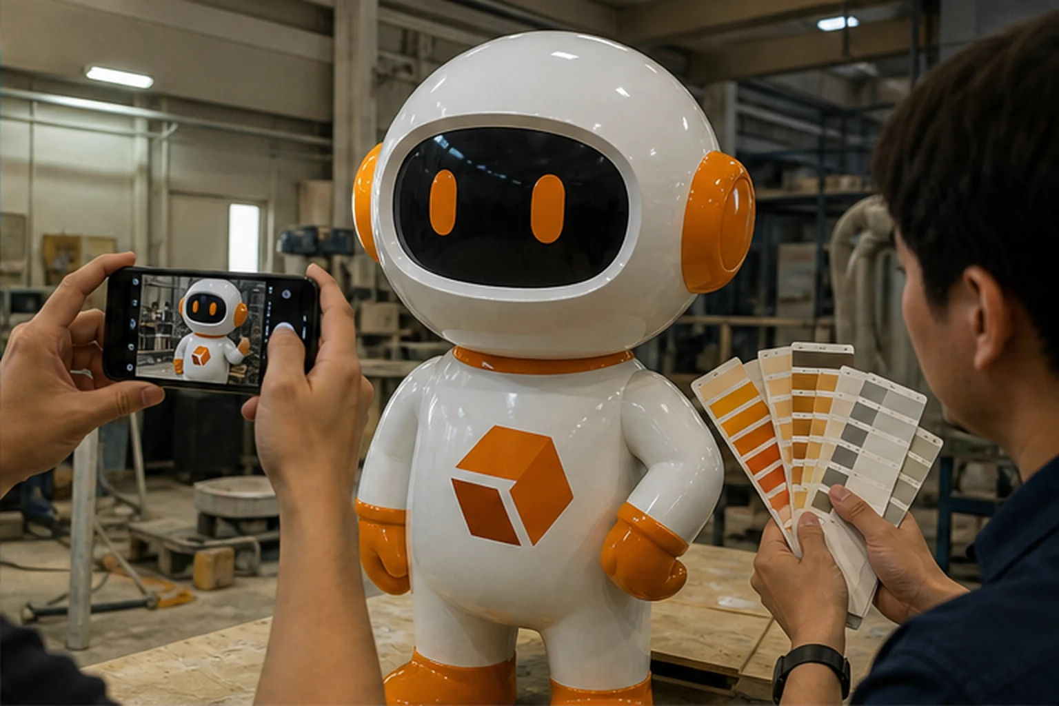 Kỹ thuật viên kiểm tra màu sơn và tỷ lệ logo trên mô hình robot composite màu trắng cam trong xưởng sản xuất.