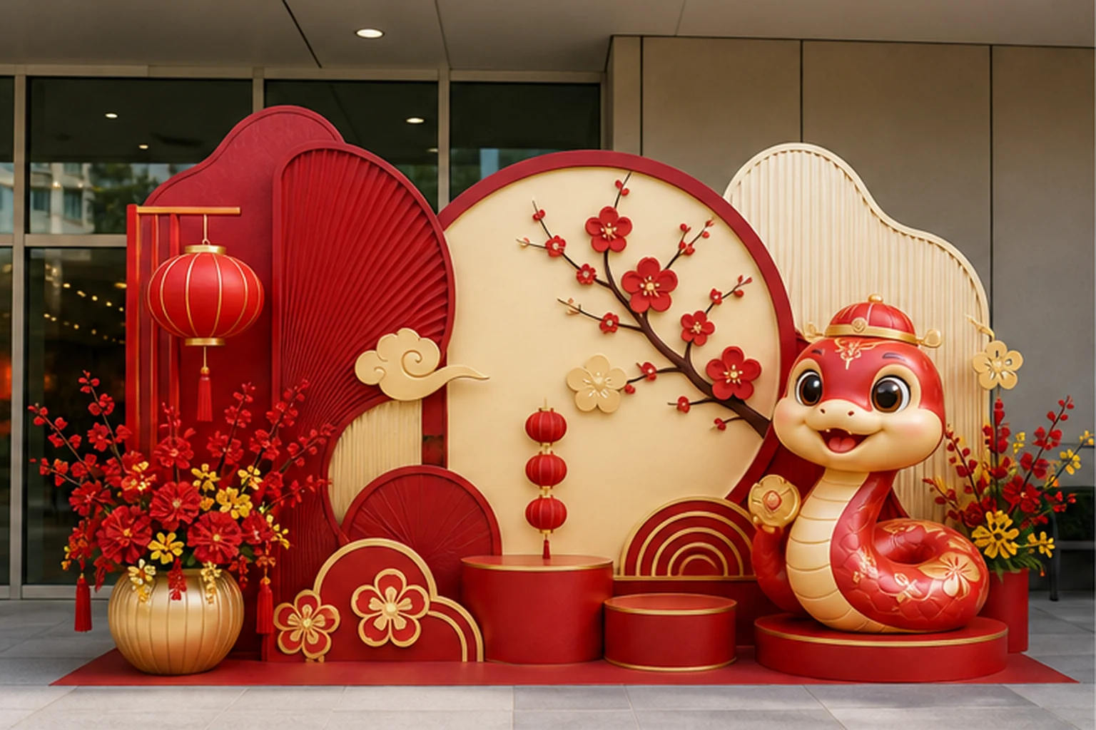 Cụm trang trí check-in Tết với mascot rắn đỏ phóng lớn, phông nền hoa mai, đèn lồng, quạt và các bục mô hình đỏ vàng đặt...