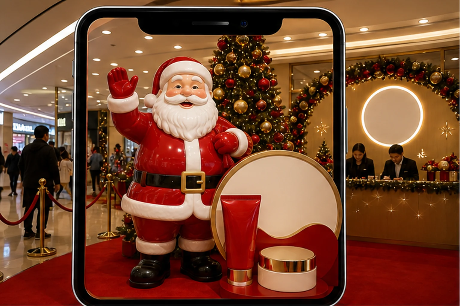 Khu check-in Noel với tượng ông già Noel lớn, cây thông trang trí, khung điện thoại dọc, sản phẩm phóng lớn và vị trí...