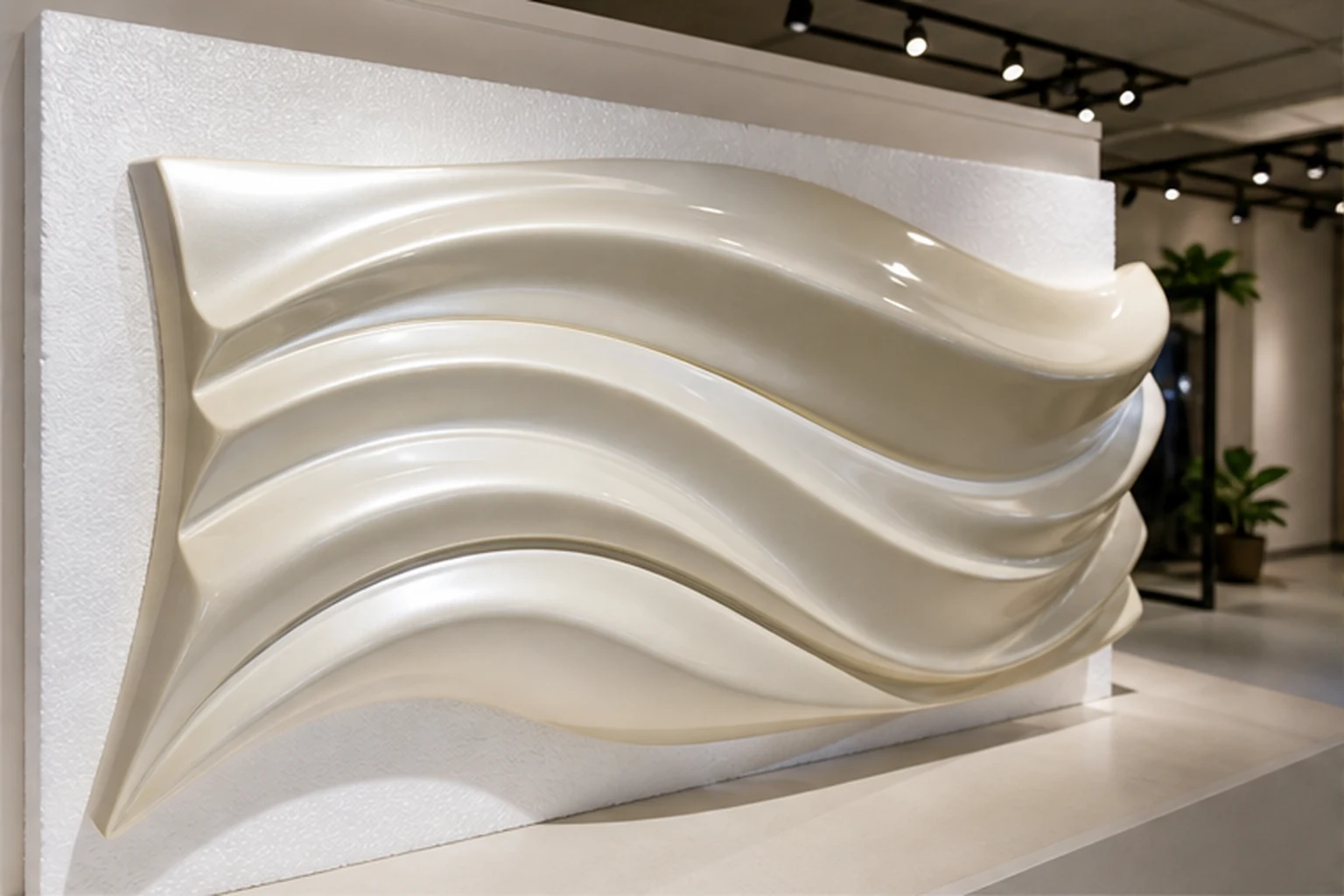 showroom có chủ thể composite hoàn thiện mịn, nền xốp nhẹ phía sau và ánh sáng trưng bày để minh họa bề mặt nhìn gần