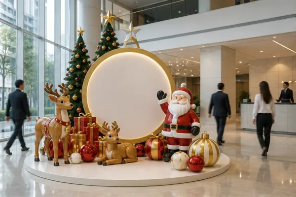bản phối cảnh tiểu cảnh Noel trong sảnh công ty thể hiện luồng di chuyển, vị trí logo và điểm chụp ảnh