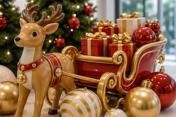 cận cảnh mô hình Noel composite gồm tuần lộc, xe quà và quả châu với bề mặt sơn mịn ánh kim