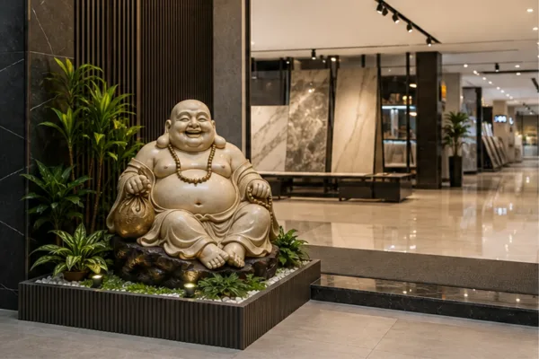 Tiểu cảnh tượng Phật Di Lặc composite đặt tại lối vào showroom với cây thấp và lối khách đi rõ ràng
