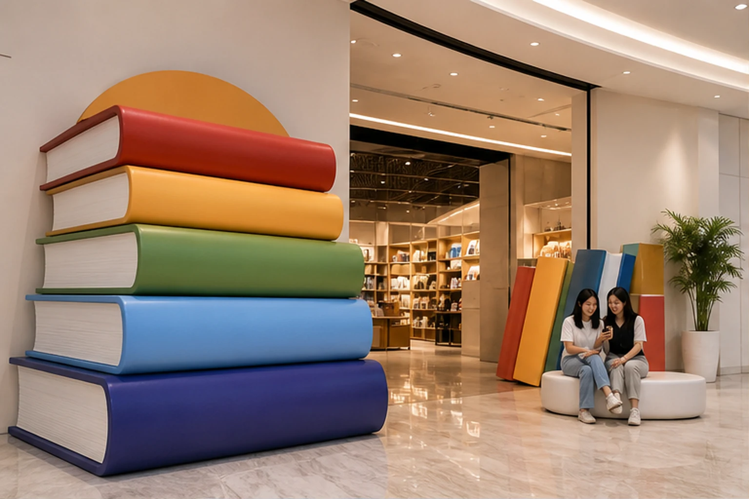 cụm mô hình sách composite khổ lớn đặt tại lối vào showroom với màu sắc thương hiệu và khu vực khách chụp ảnh