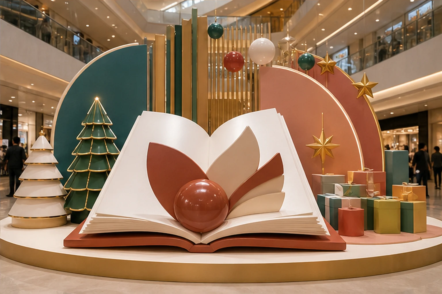cụm decor sách lớn dùng xốp cho phần nền phụ và composite cho logo nổi tại sự kiện theo mùa trong trung tâm thương mại