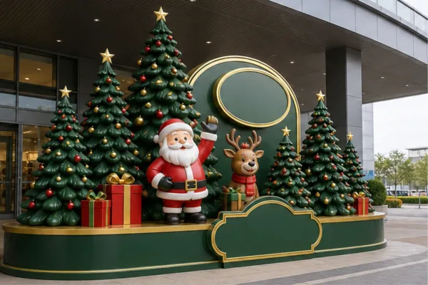 Cụm trang trí Noel ngoài trời với bệ composite, chữ thương hiệu và nhân vật lễ hội