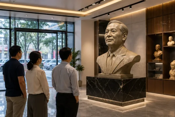 Tượng chân dung composite trong sảnh showroom dưới ánh sáng trưng bày