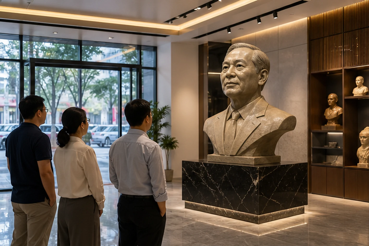 Tượng chân dung bán thân bề mặt mịn đặt trên bục trưng bày trong showroom, ba khách đứng quan sát dưới ánh sáng rọi
