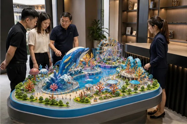 Bản phối cảnh mô hình tiểu cảnh nước đặt cạnh người thật và quầy bán hàng để kiểm tra tỷ lệ trước sản xuất